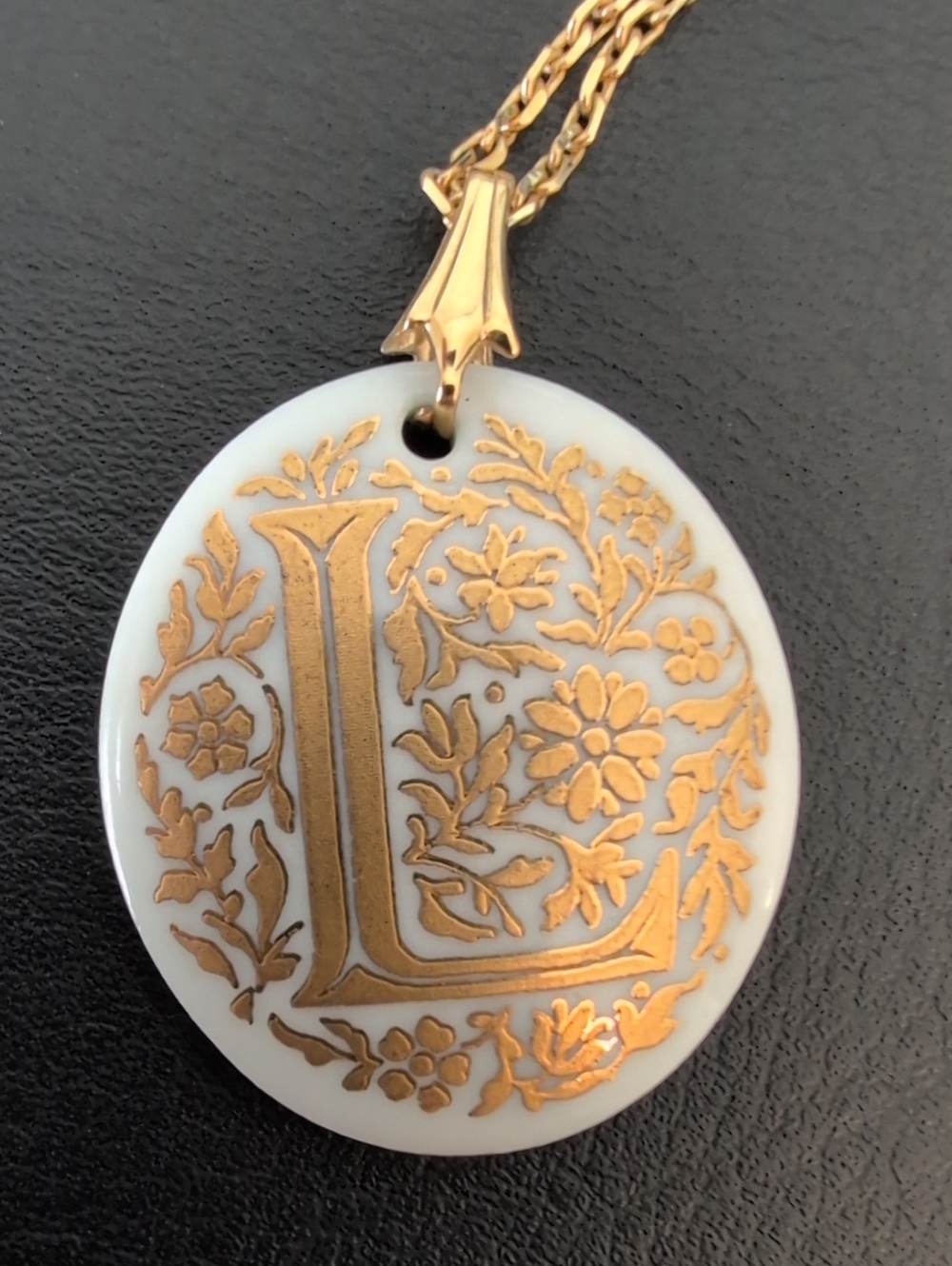 Vintage Gold Floral 'L' Pendant Necklace - White and Gold